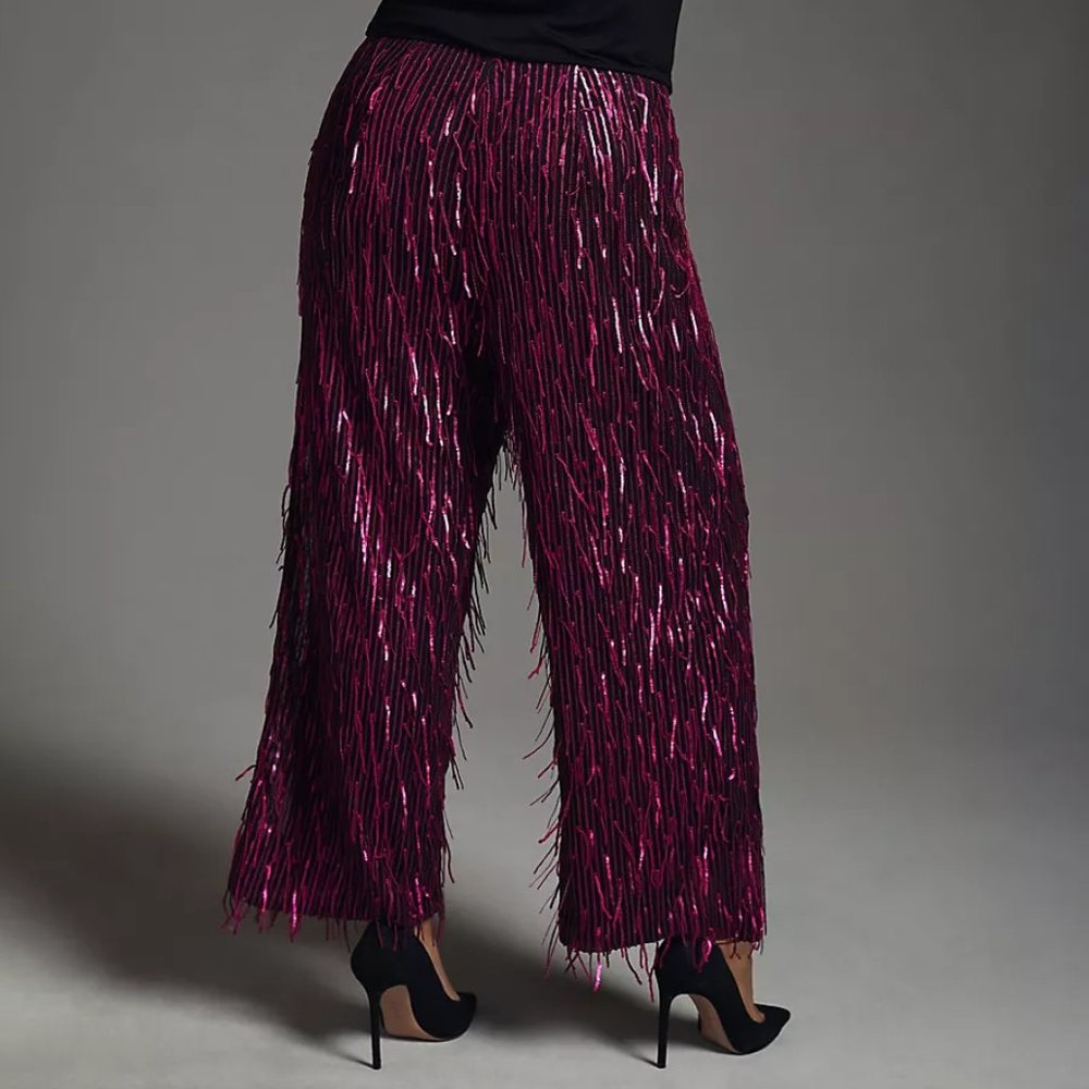 Anthropologie Maeve Fringed Sequined Wide-Leg Pants Plum Purple 20W Plus - Picture 2 of 13